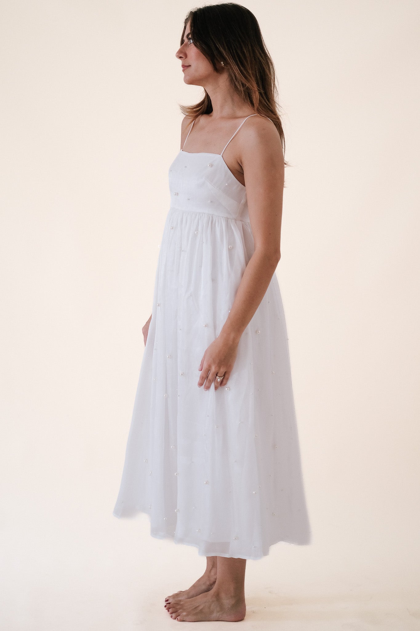 Madelyn White Pearl Embellished Overlay Midi Dress
