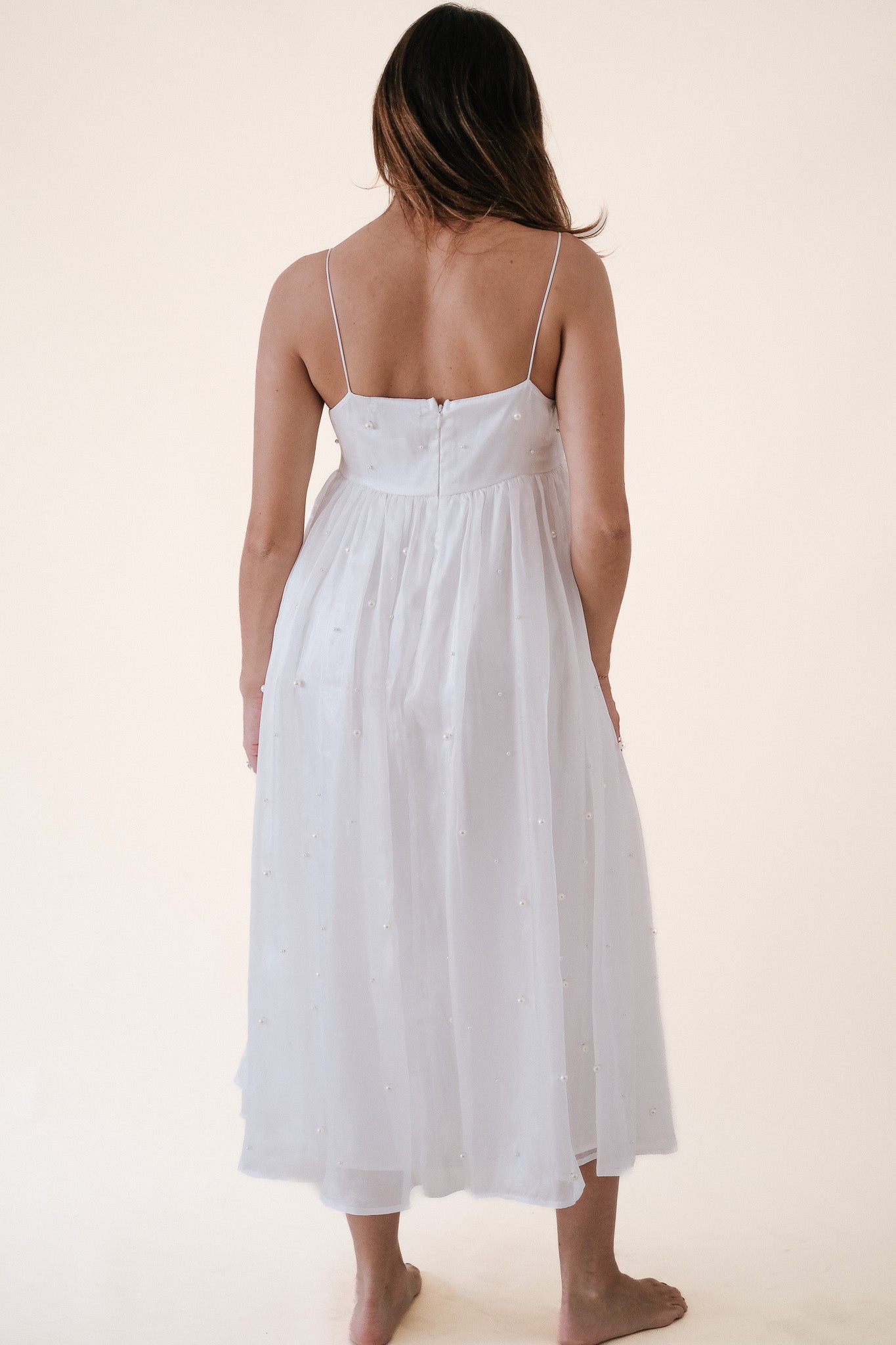 Madelyn White Pearl Embellished Overlay Midi Dress