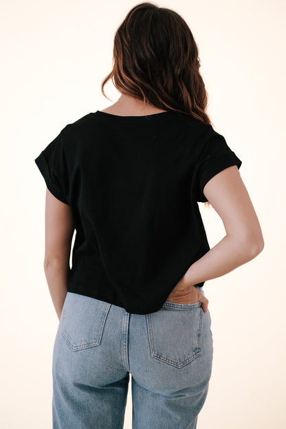 Miou Muse Nina Round Neck Cuff Sleeve T-Shirt (Black)
