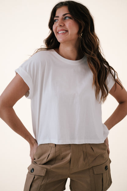 Miou Muse Nina Round Neck Cuff Sleeve T-Shirt (White)