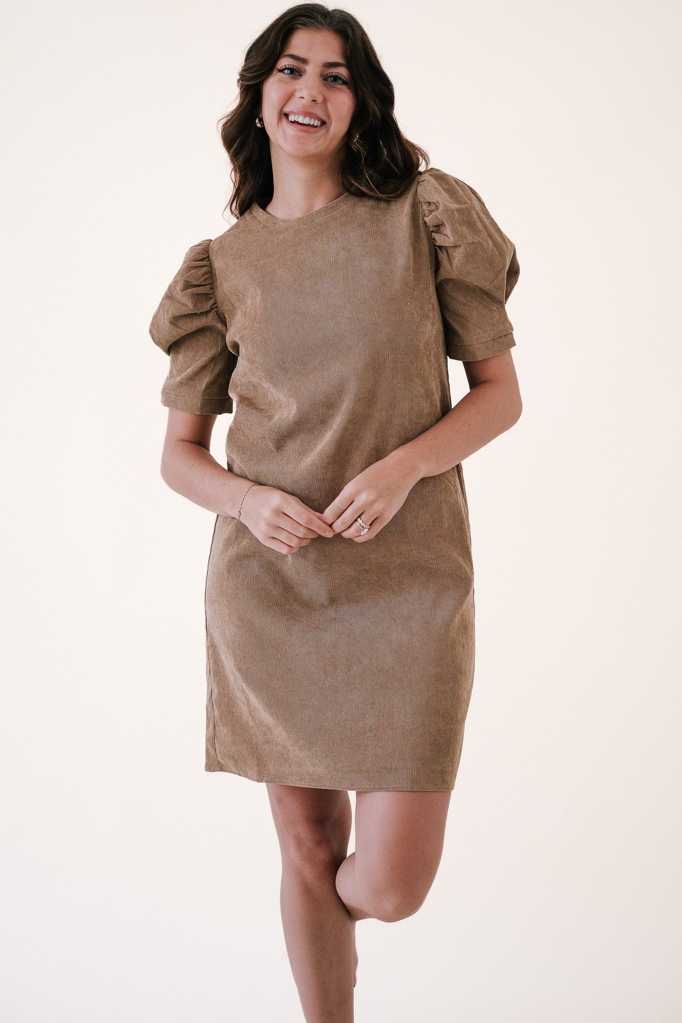 Molly Bracken Noel Corduroy Puff Sleeve Mini Dress (Brown)