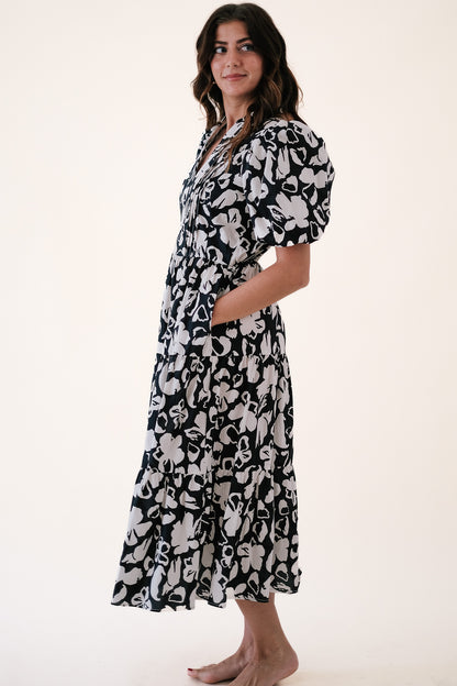 PINCH Nora Black Floral Puff Sleeve Midi Dress