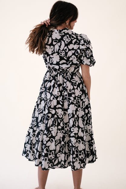 PINCH Nora Black Floral Puff Sleeve Midi Dress