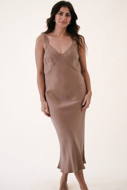Lucy Paris Karine Coffee Soft Suede Slip Midi Dress (S)