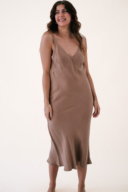 Lucy Paris Karine Coffee Soft Suede Slip Midi Dress (S)