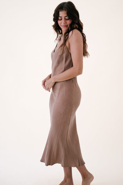 Lucy Paris Karine Coffee Soft Suede Slip Midi Dress (S)