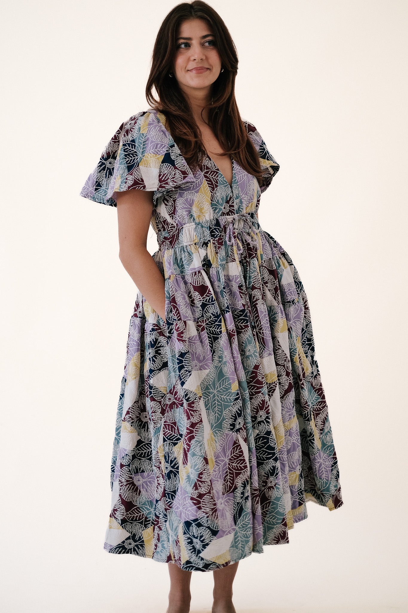 Aureum Paige Patchwork Embroidered Floral Midi Dress