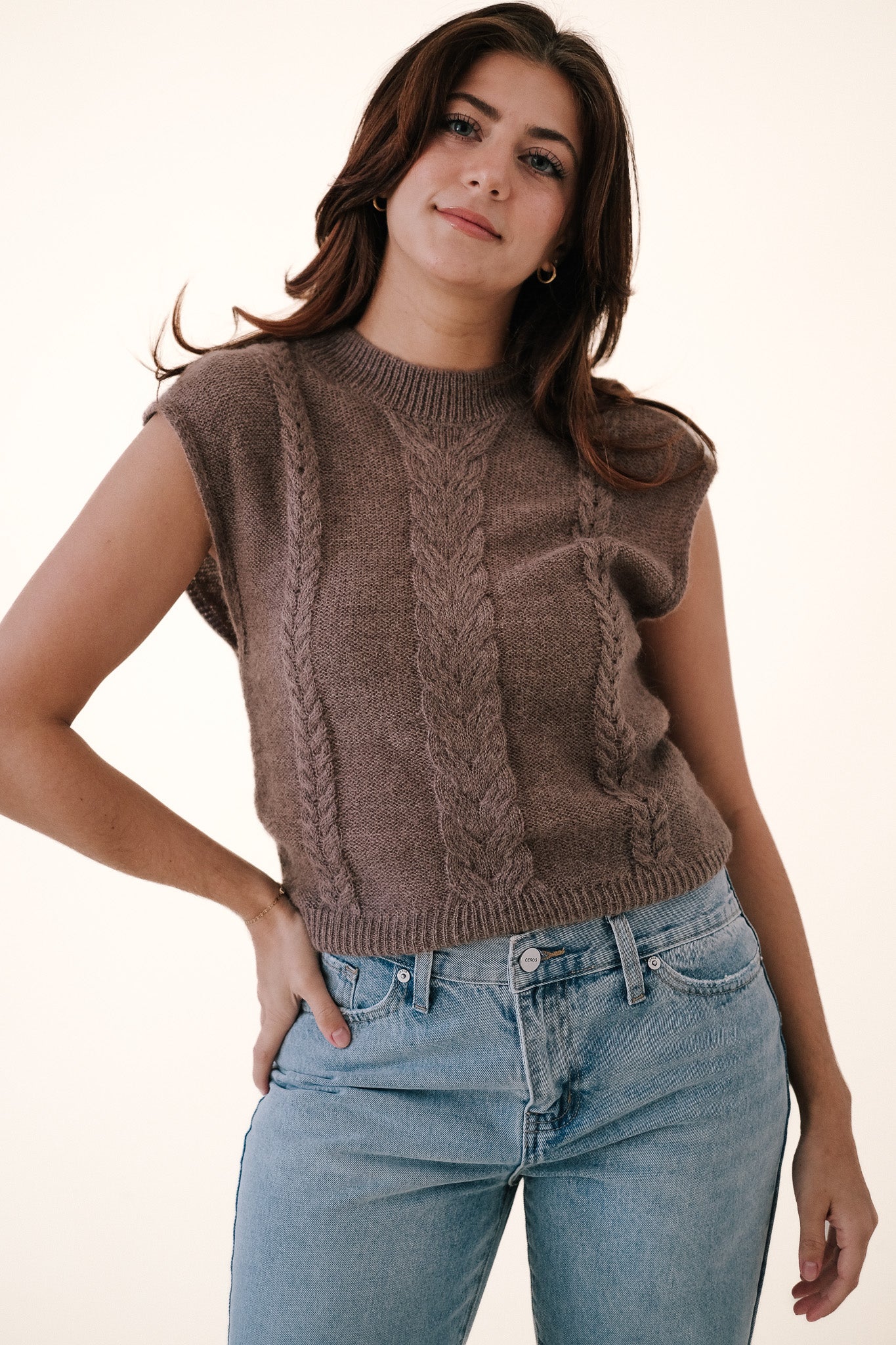 Lucy Paris Quentin Cable Wool Knit Top (Brown)