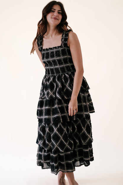 Aureum Stevie Grid Print Smocked Chiffon Midi Dress