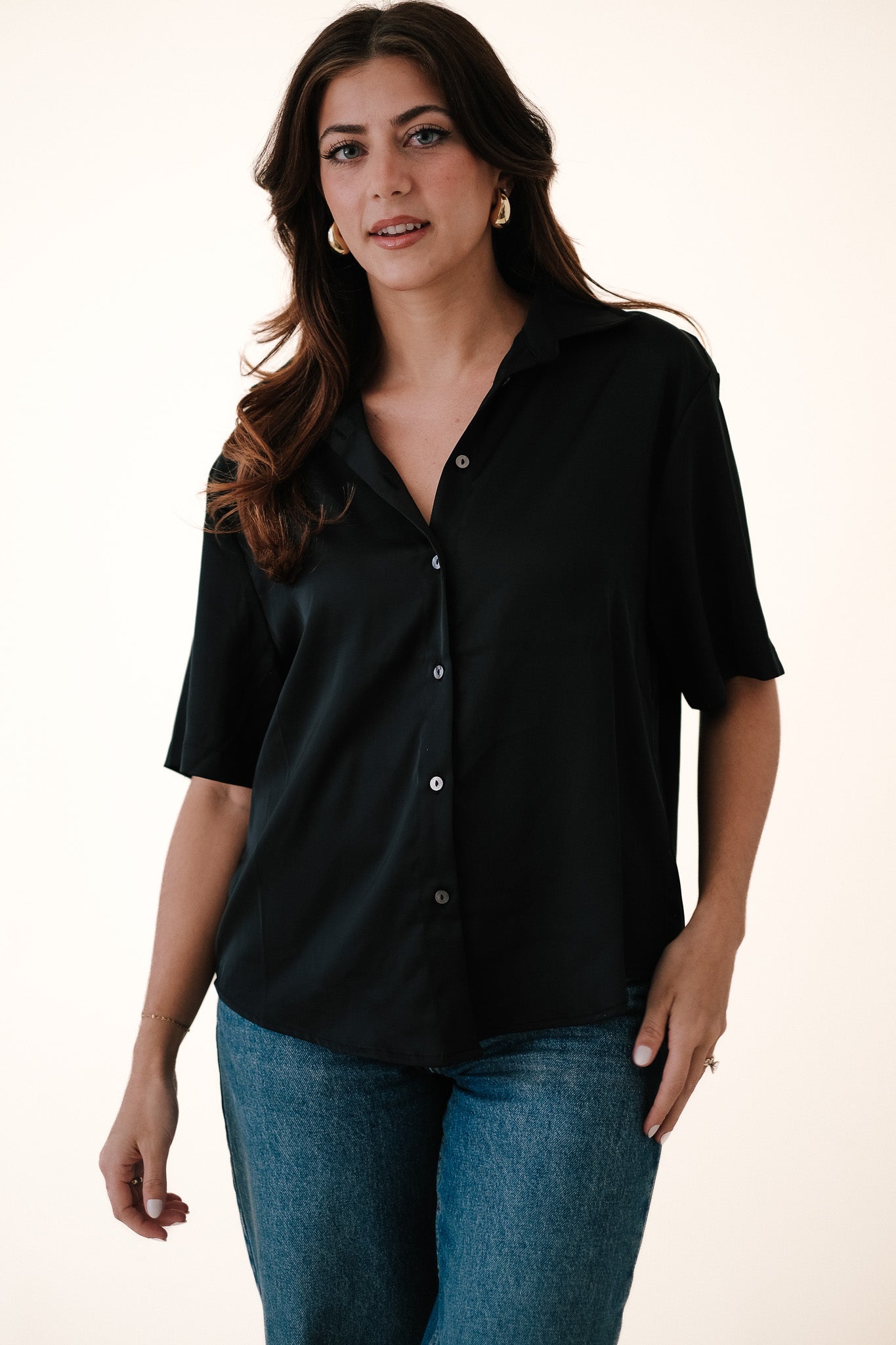 Miou Muse Tyler Black Satin Boxy Buttoned Top