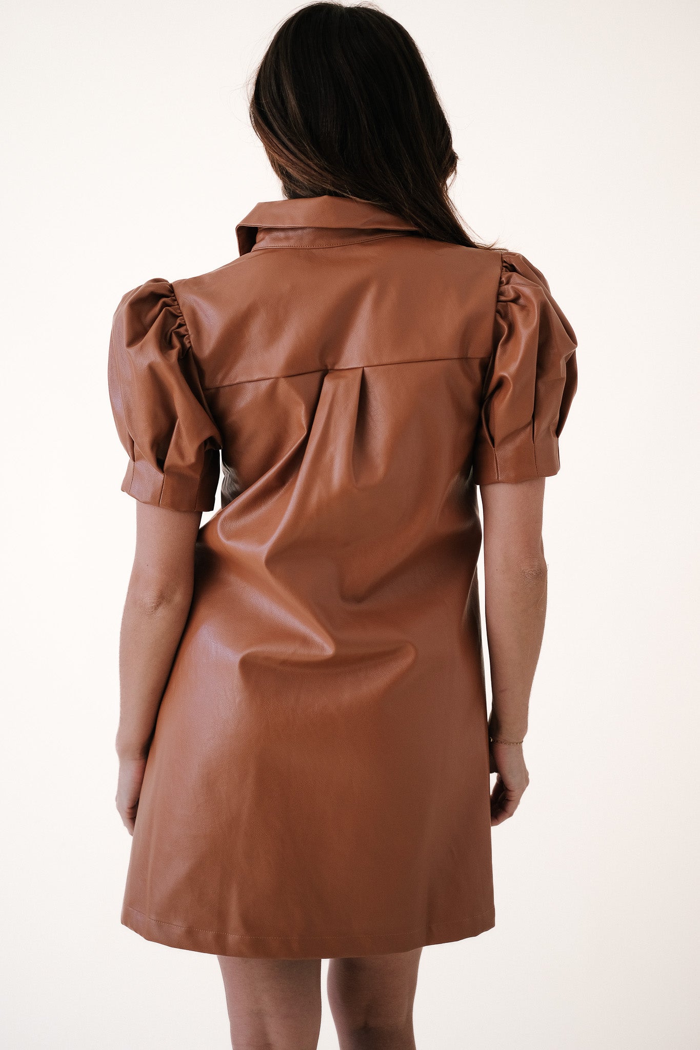 Aureum Tessa Vegan Leather Collared Mini Dress (Brown)