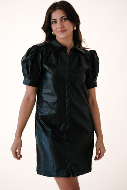 Aureum Tessa Vegan Leather Collared Mini Dress (Black)