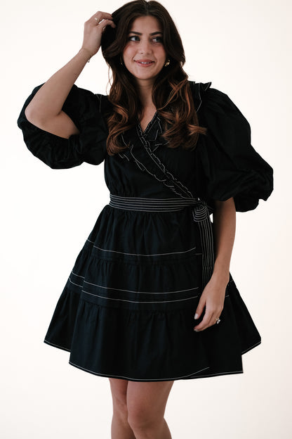 Sofie the Label Tabitha Contrast Stitch Wrap Mini Dress (Black)