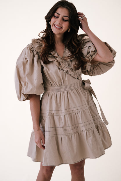 Sofie the Label Tabitha Contrast Stitch Wrap Mini Dress (Cream)