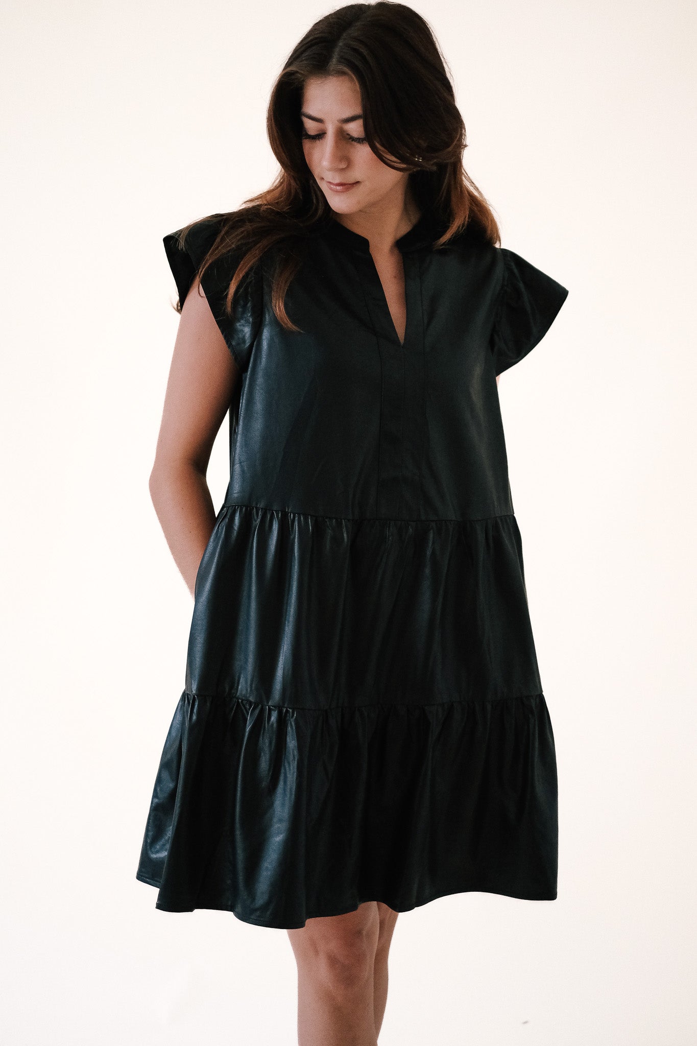 PINCH Faux Leather Tiered Mini Dress (Black)