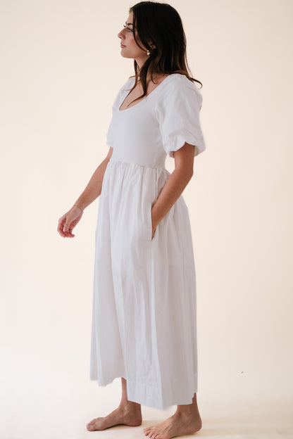Vivianne Mixed Media Puff Sleeve Midi Dress (White)