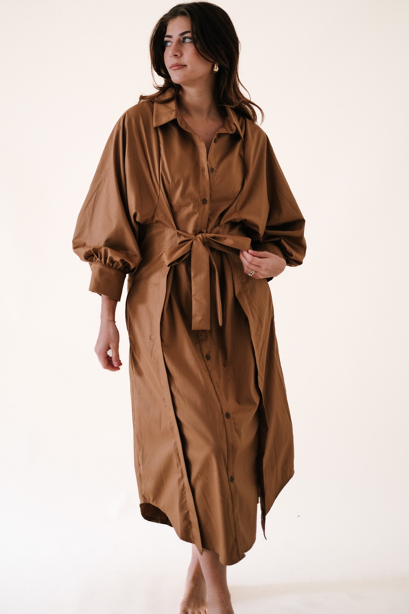 Varena Camel Buttoned Tie Waist Midi Dress