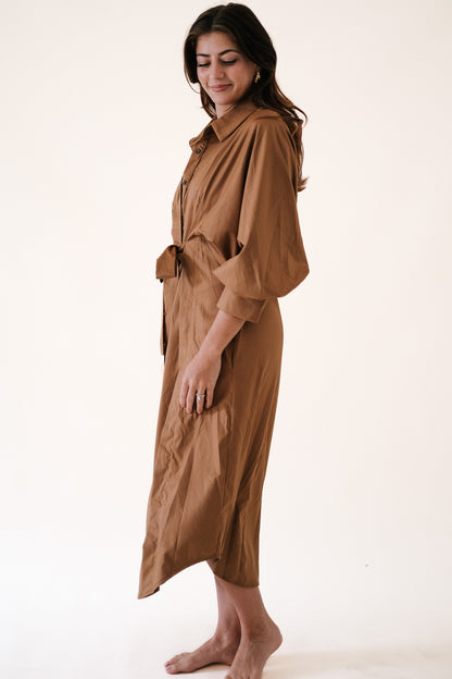 Varena Camel Buttoned Tie Waist Midi Dress