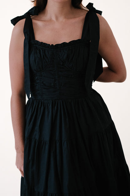 Sofie the Label Verity Black Smocked Tie Strap Cotton Midi Dress