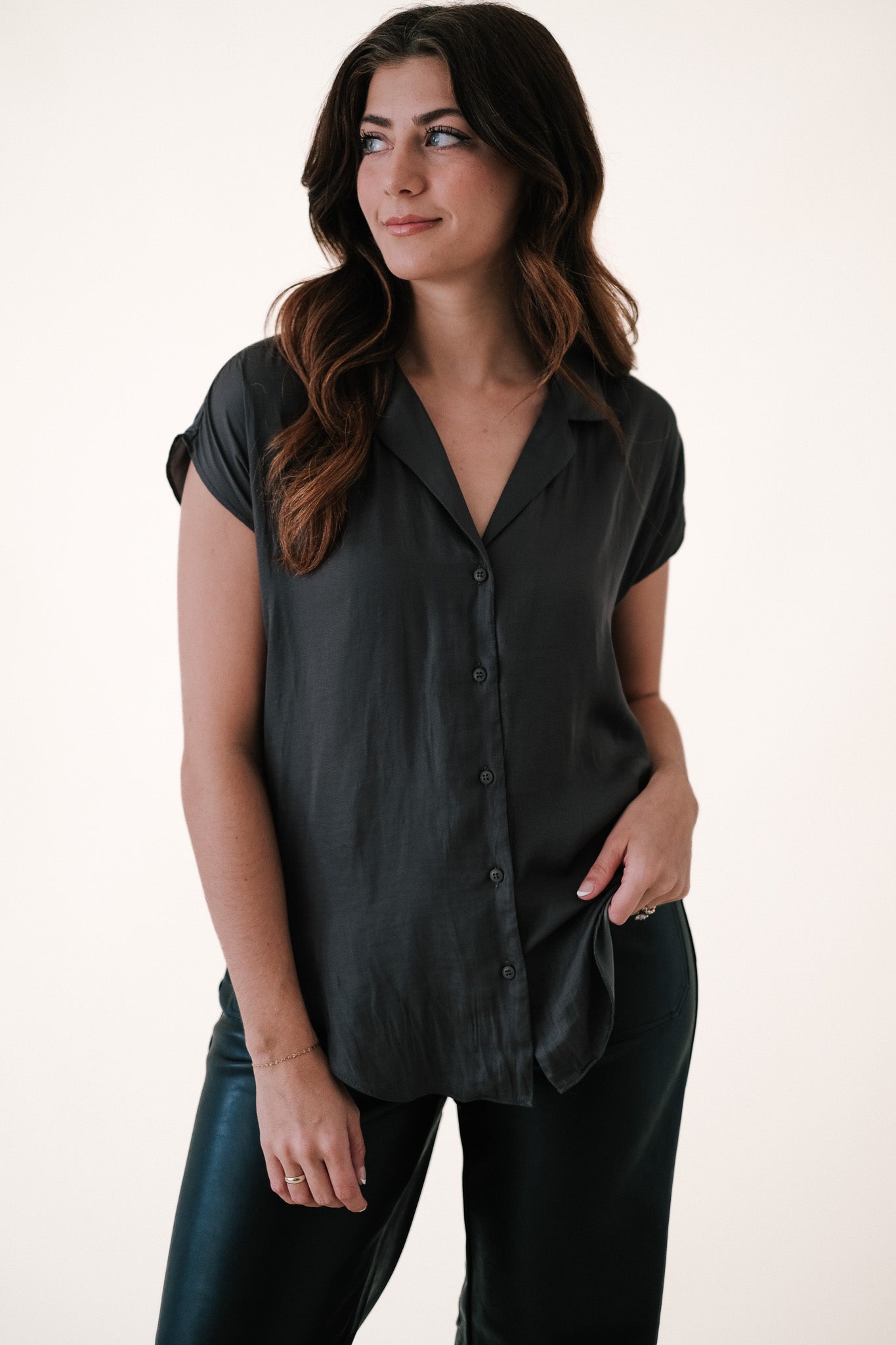 Miou Muse Tate Charcoal Satin Buttoned Top (L)