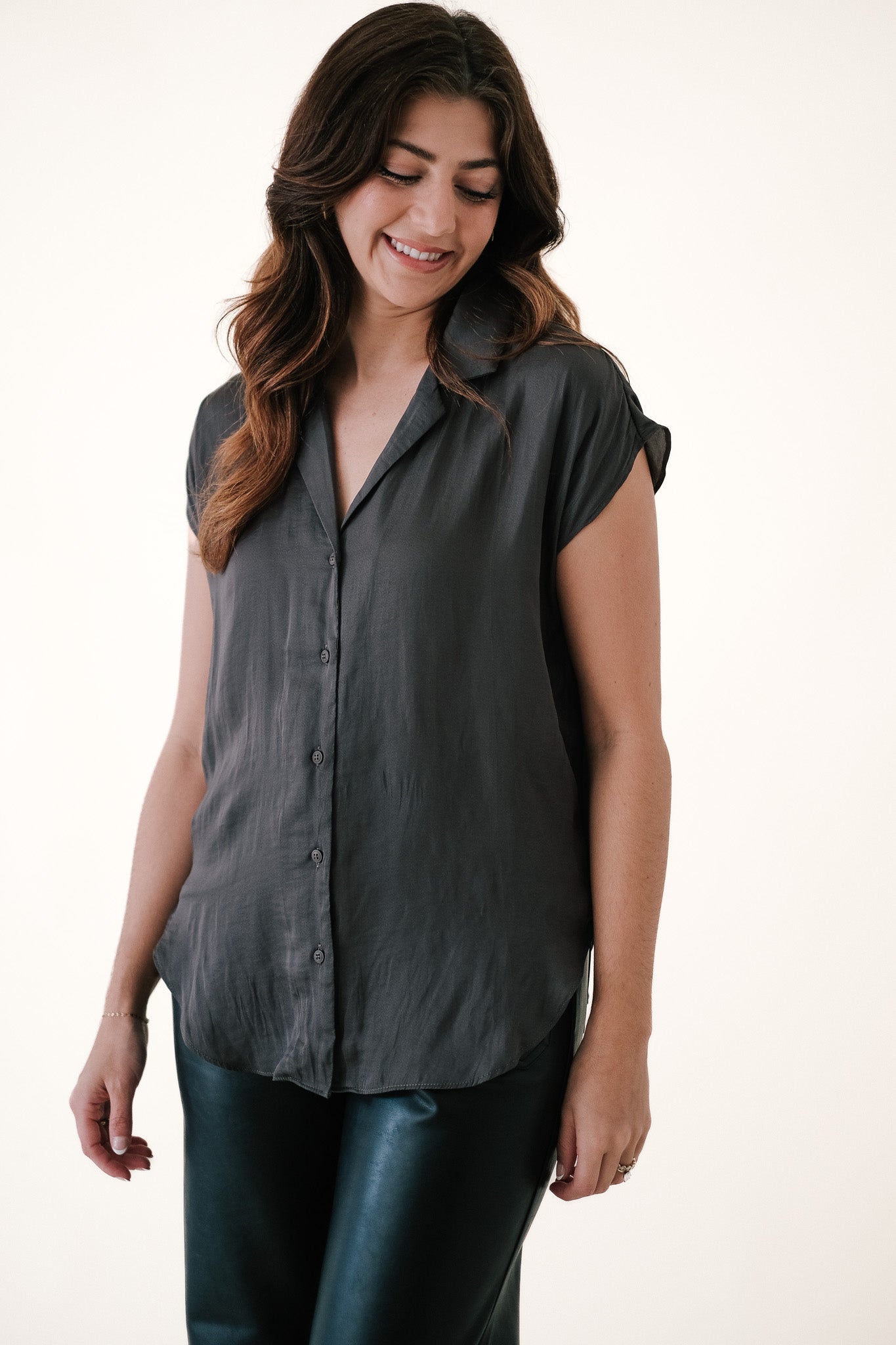 Miou Muse Tate Charcoal Satin Buttoned Top (L)