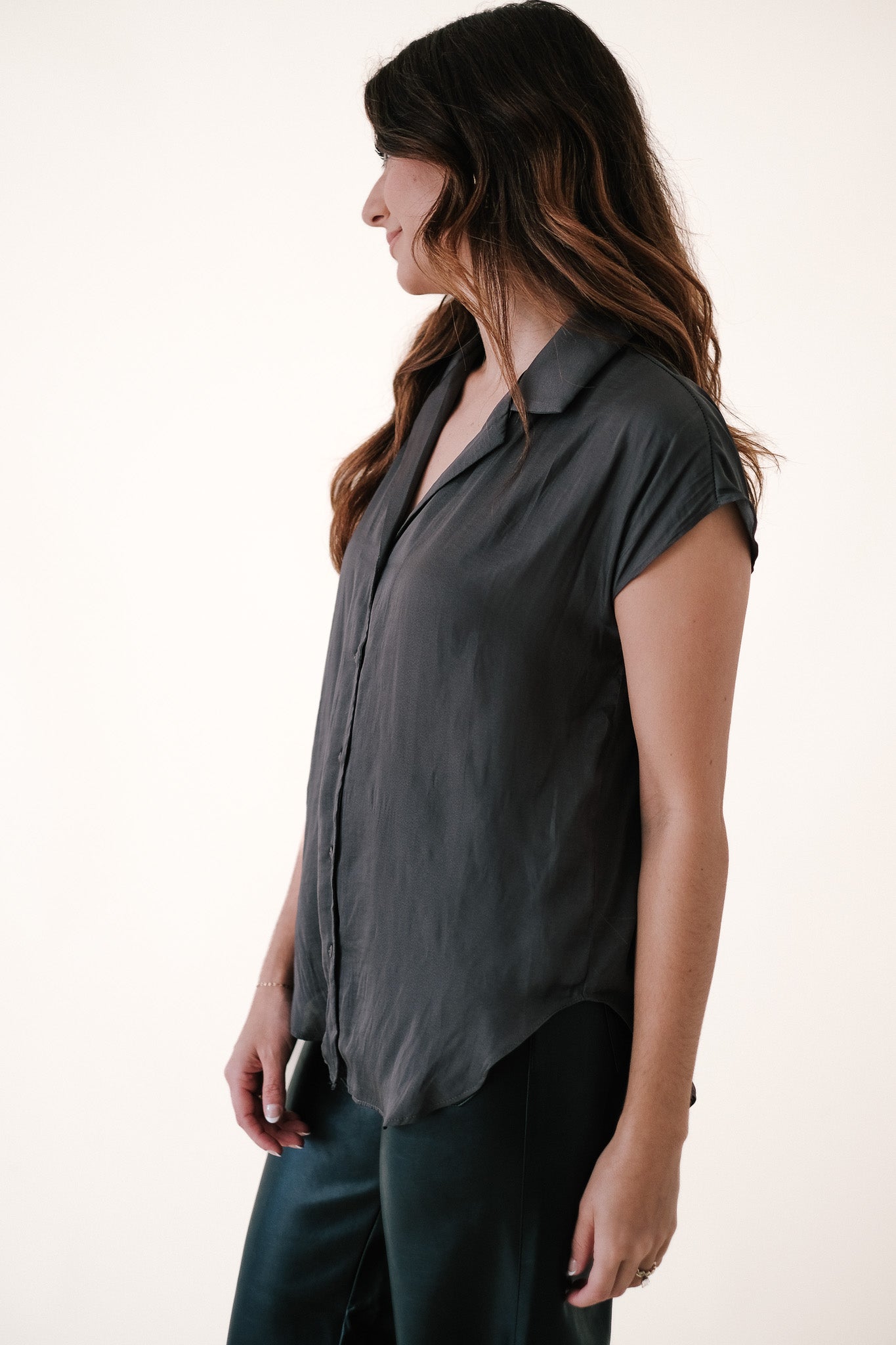 Miou Muse Tate Charcoal Satin Buttoned Top