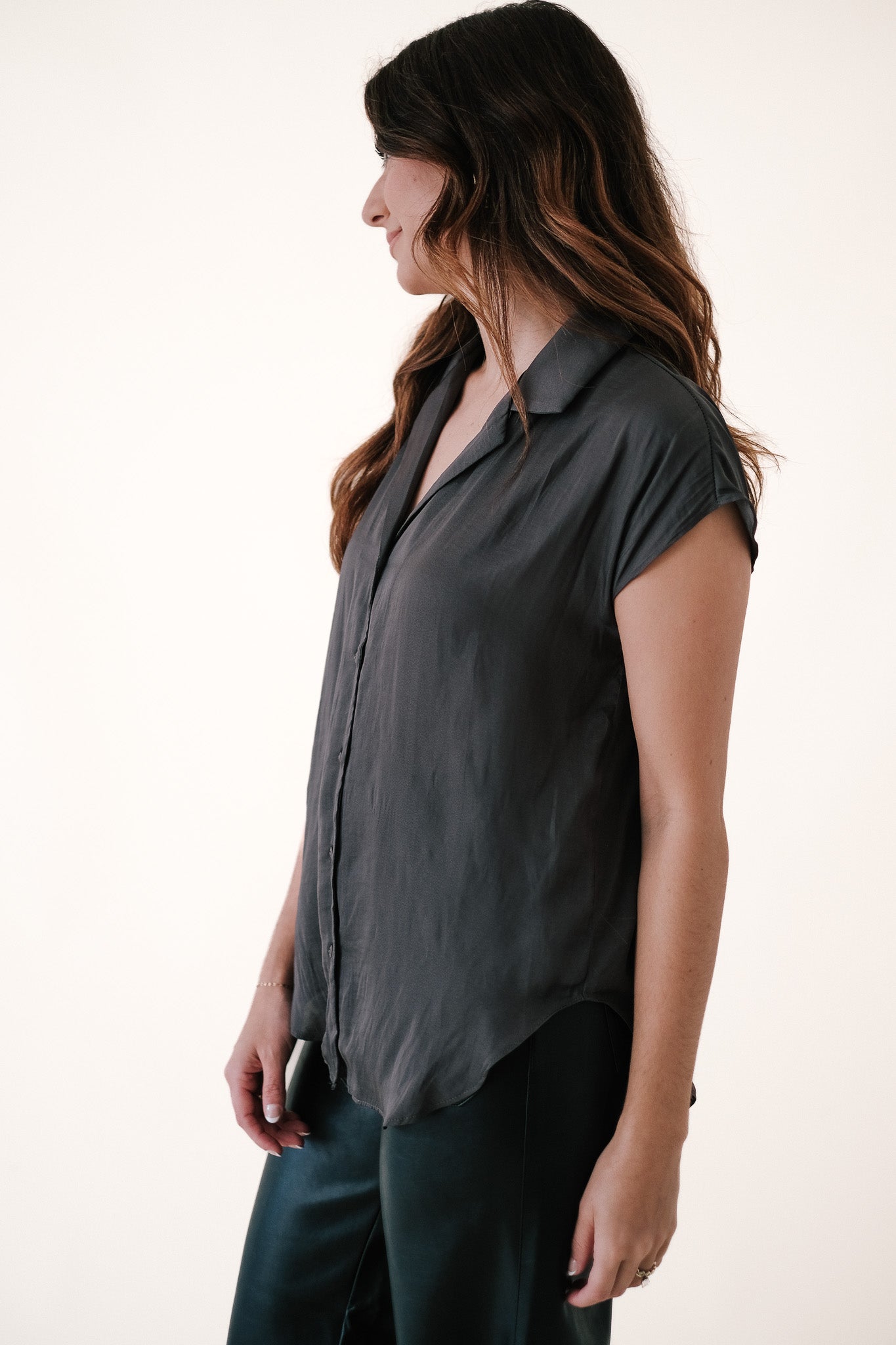 Miou Muse Tate Charcoal Satin Buttoned Top (L)