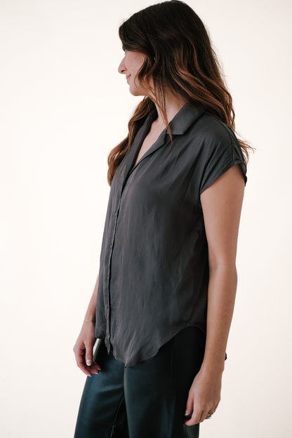 Miou Muse Tate Charcoal Satin Buttoned Top (L)