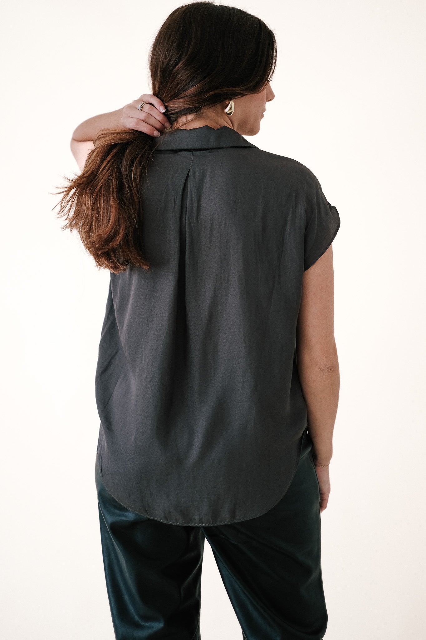 Miou Muse Tate Charcoal Satin Buttoned Top (L)