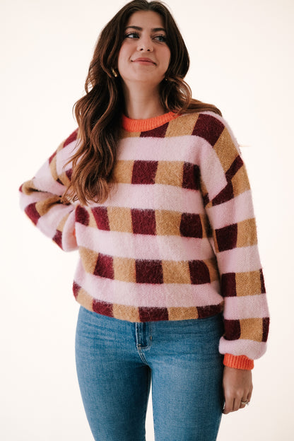 FRNCH Malorine Rose Bold Gingham Knit Pullover Sweater