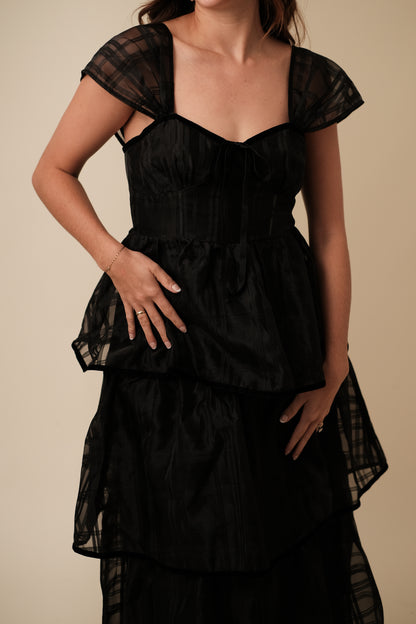 Sofie the Label Ava Black Plaid Chiffon Tiered Maxi Dress