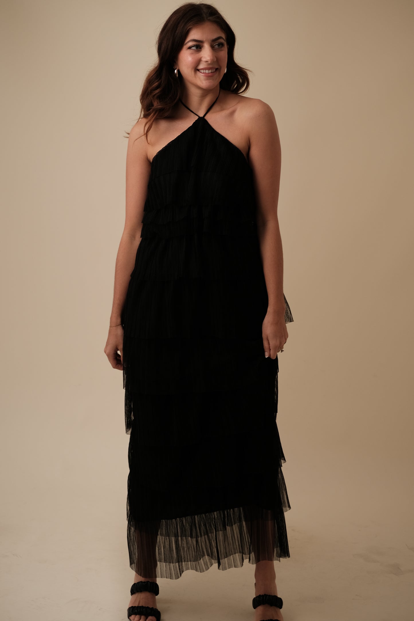 Bria Pleated Tulle Halter Maxi Dress (Black) M