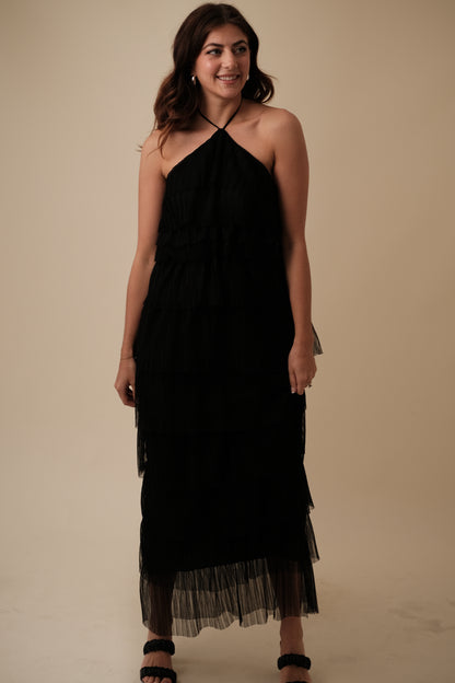 Bria Pleated Tulle Halter Maxi Dress (Black) M
