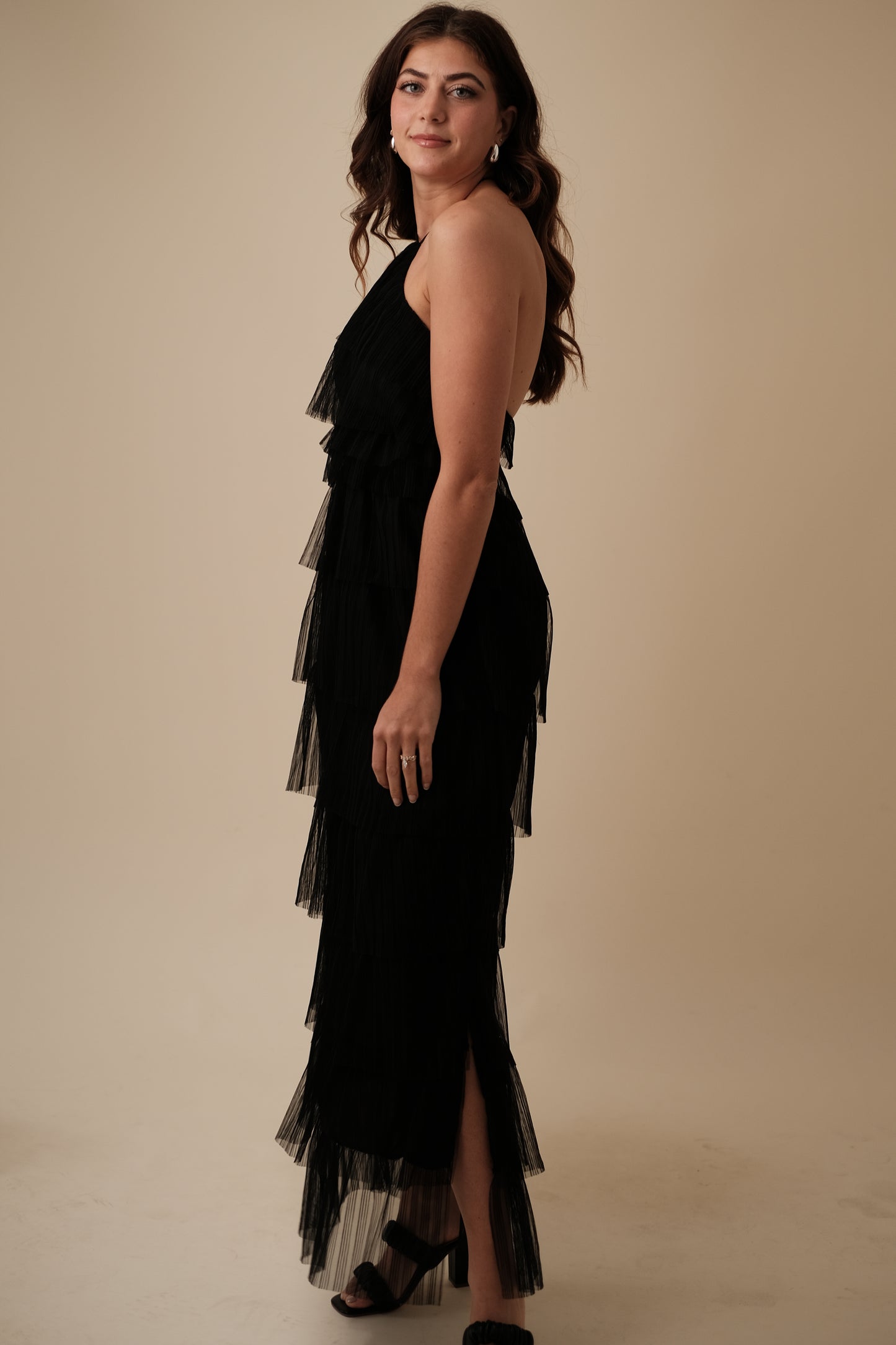 Bria Pleated Tulle Halter Maxi Dress (Black) M