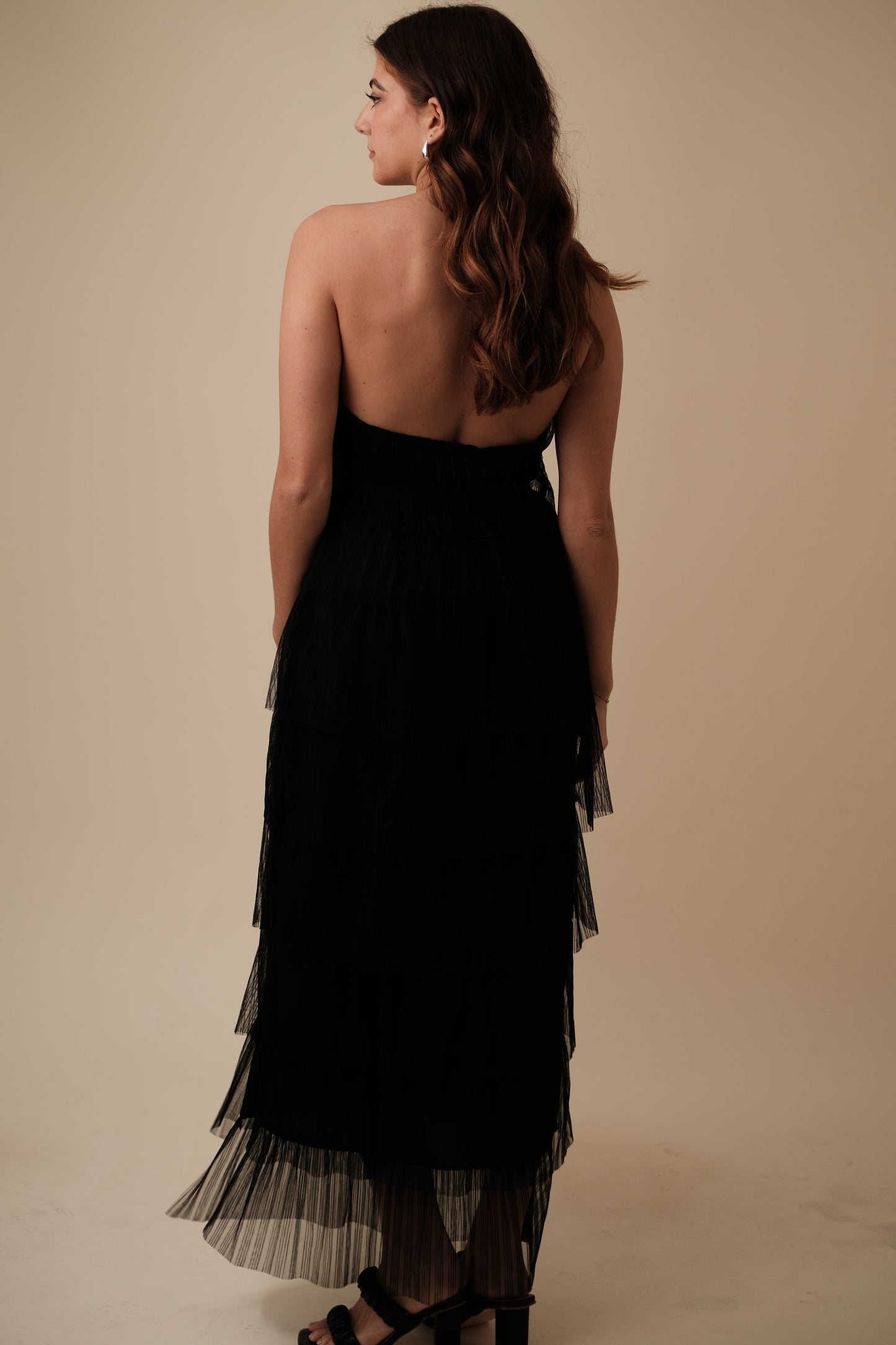 Bria Pleated Tulle Halter Maxi Dress (Black) M