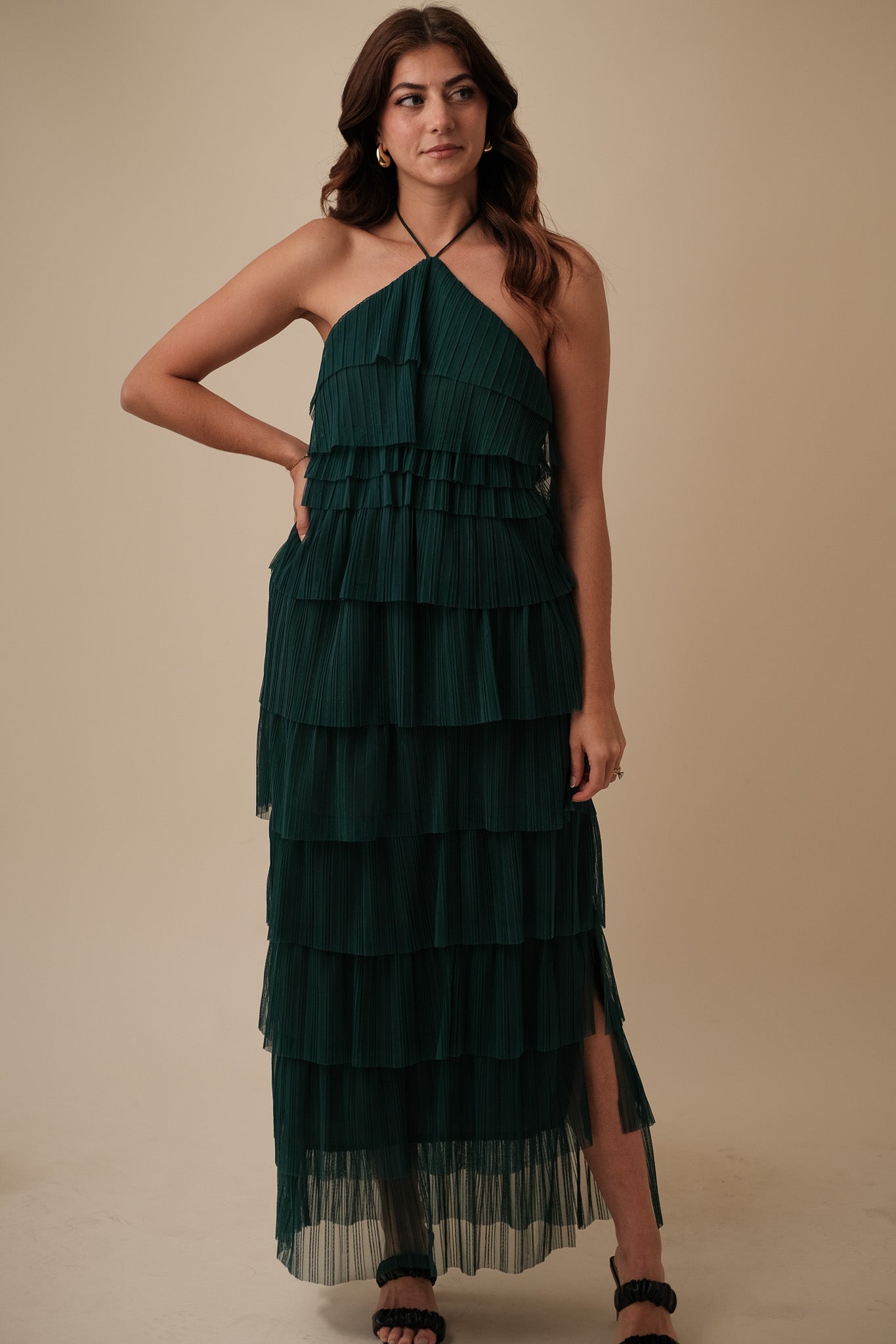 Bria Pleated Tulle Halter Maxi Dress (Green)