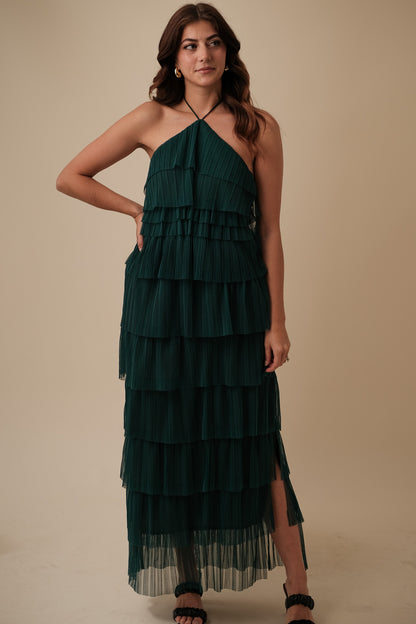 Bria Pleated Tulle Halter Maxi Dress (Green)