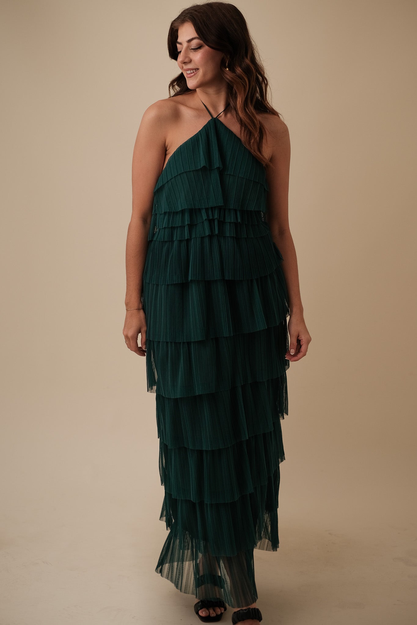 Bria Pleated Tulle Halter Maxi Dress (Green)