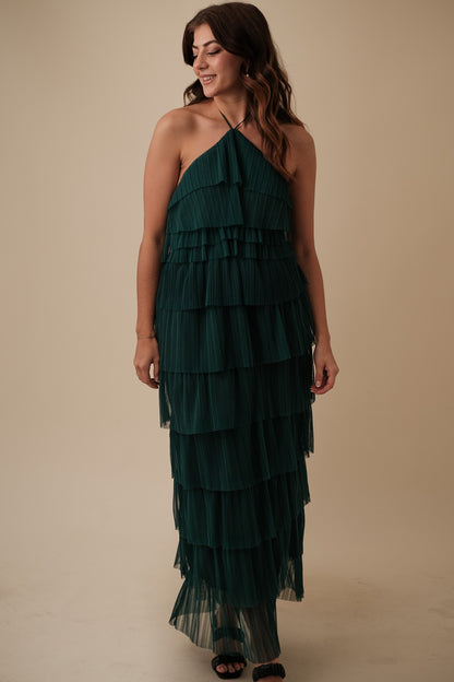 Bria Pleated Tulle Halter Maxi Dress (Green)