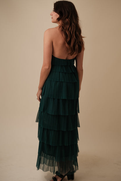 Bria Pleated Tulle Halter Maxi Dress (Green)