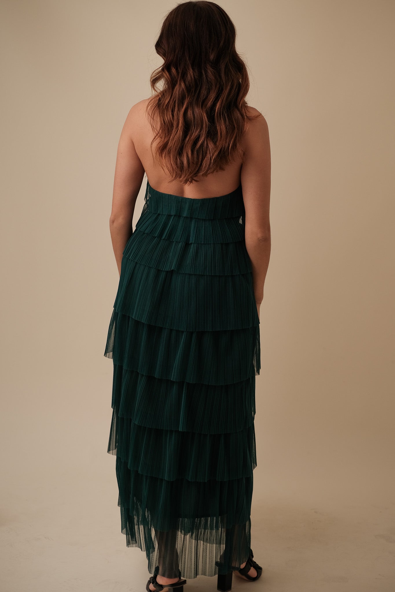 Bria Pleated Tulle Halter Maxi Dress (Green)