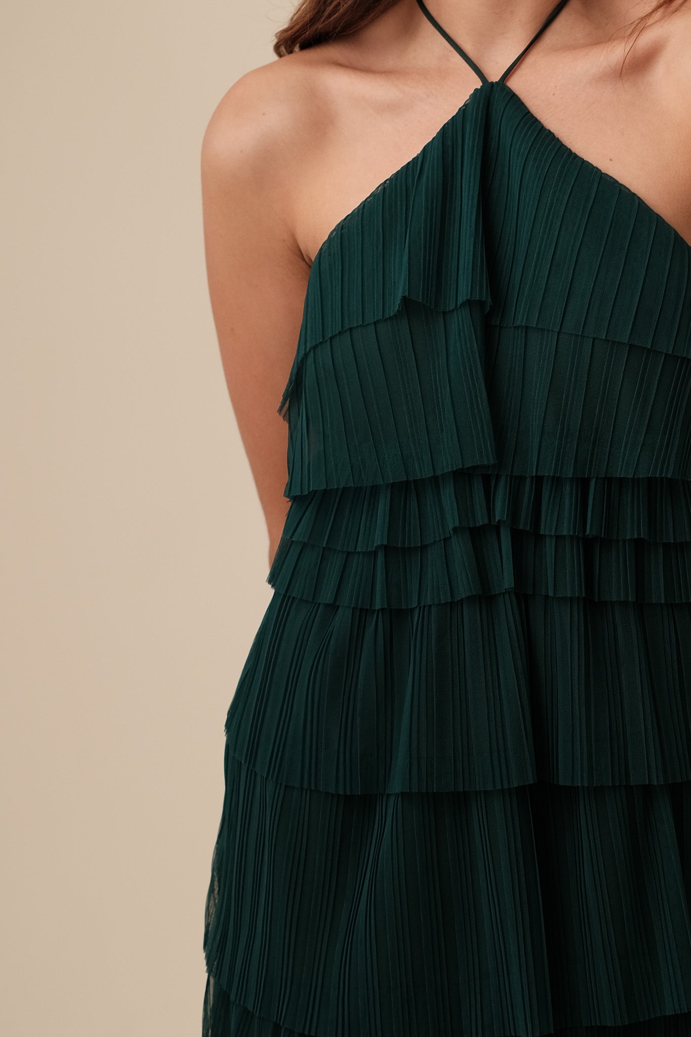 Bria Pleated Tulle Halter Maxi Dress (Green)