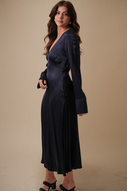 FRNCH Lisna Navy Sheen Long Sleeve Midi Dress