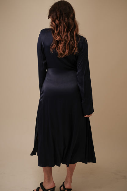 FRNCH Lisna Navy Sheen Long Sleeve Midi Dress