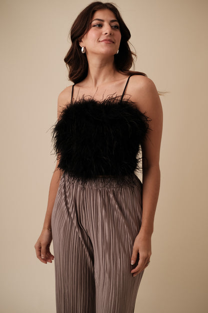 Lucy Paris Phoebe Black Feathered Crop Top (M)