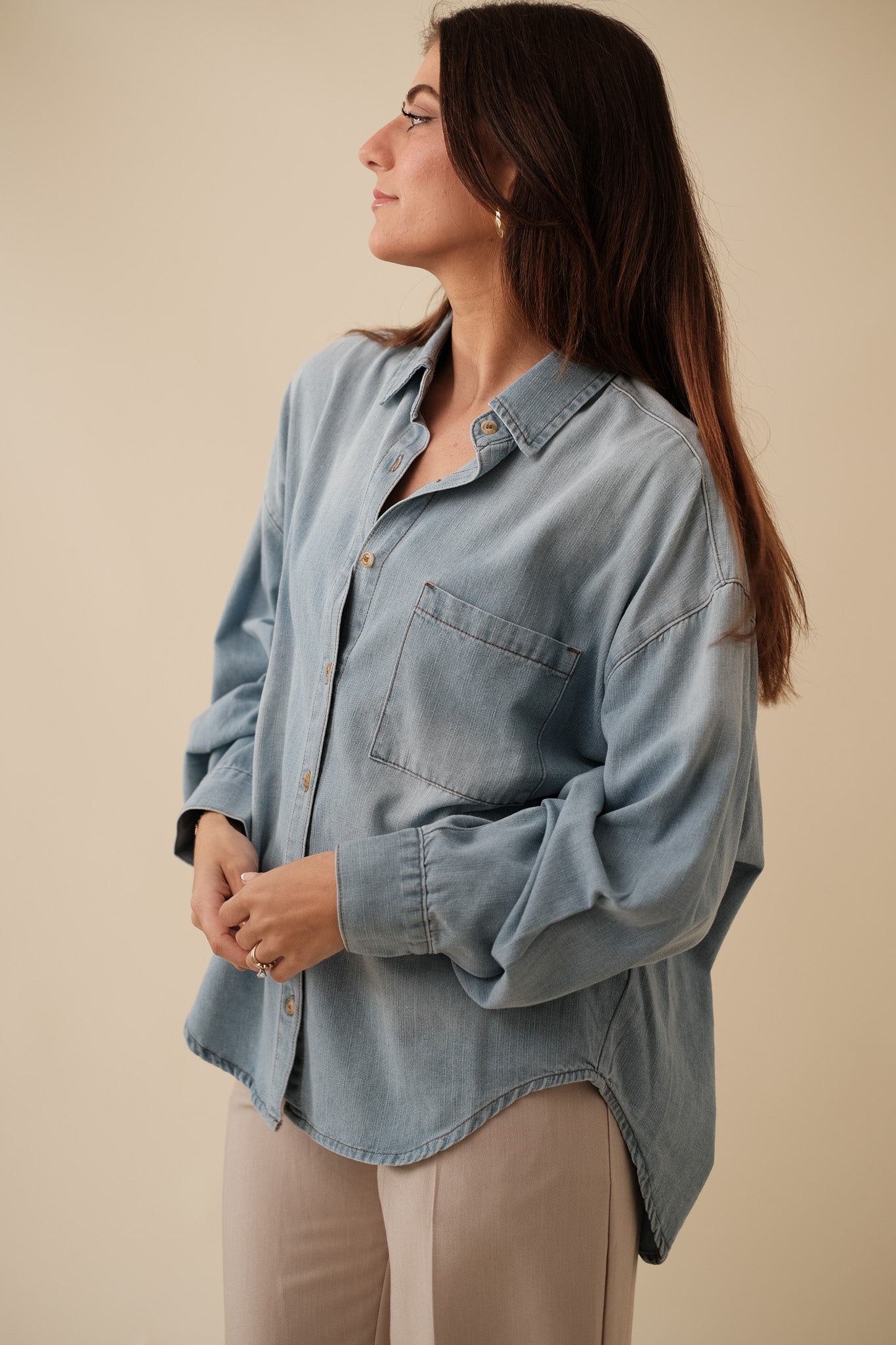 Miou Muse Blaire Denim Long Sleeve Buttoned Top