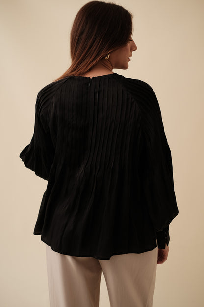 PINCH Brittany Black Satin Crinkle Long Sleeve Top (L)