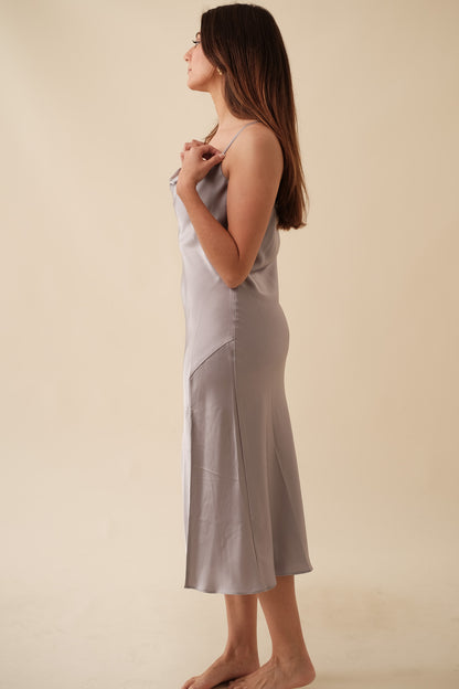Lucy Paris Maya Slate Grey Satin Slip Midi Dress