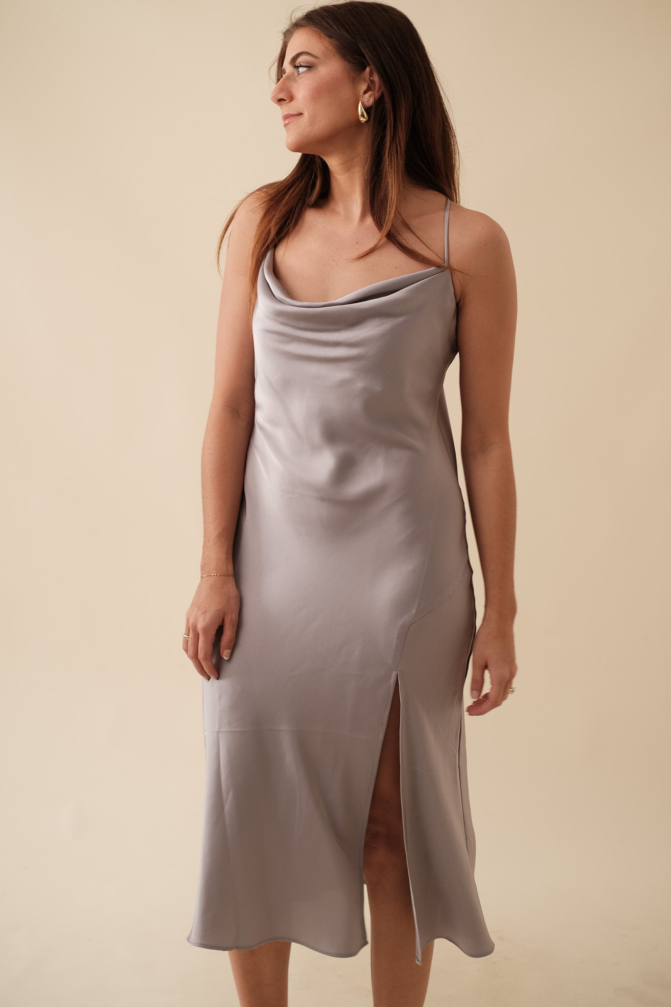 Lucy Paris Maya Slate Grey Satin Slip Midi Dress