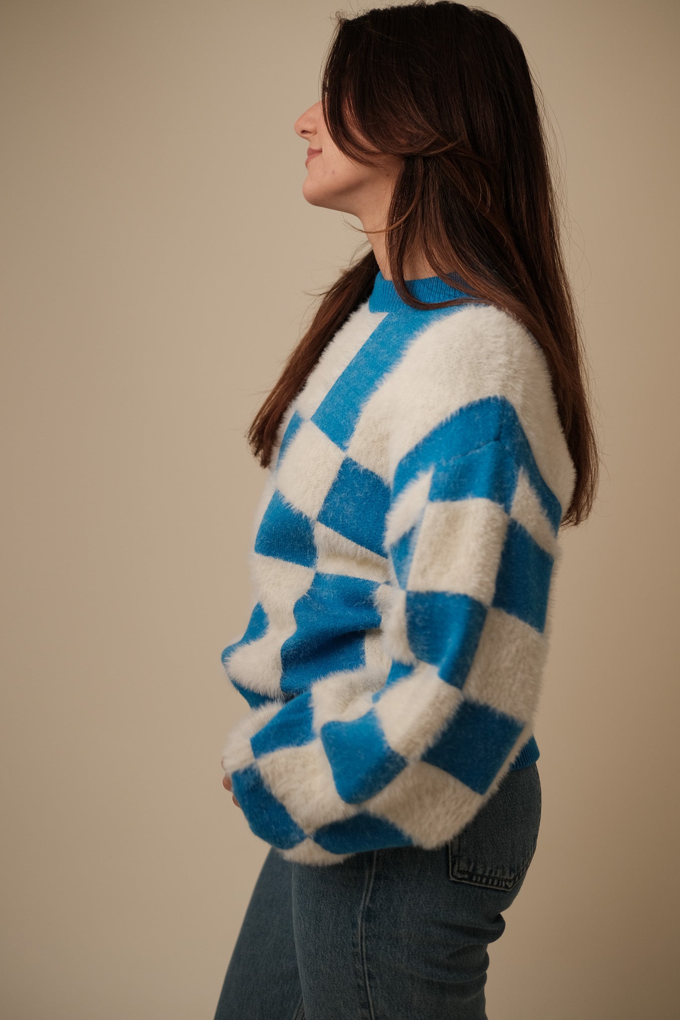 FRNCH Lio Blue Abstract Checkered Pullover Sweater